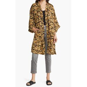 Treasure & Bond Women's Kimono Duster Open Front One Size Black Bold Floral